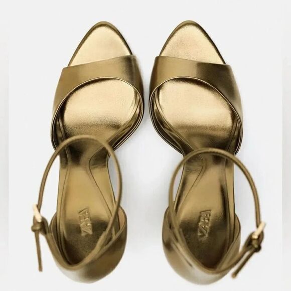 ZARA ANKLE STRAP HEELED METALLIC SANDALS - Picture 6 of 10